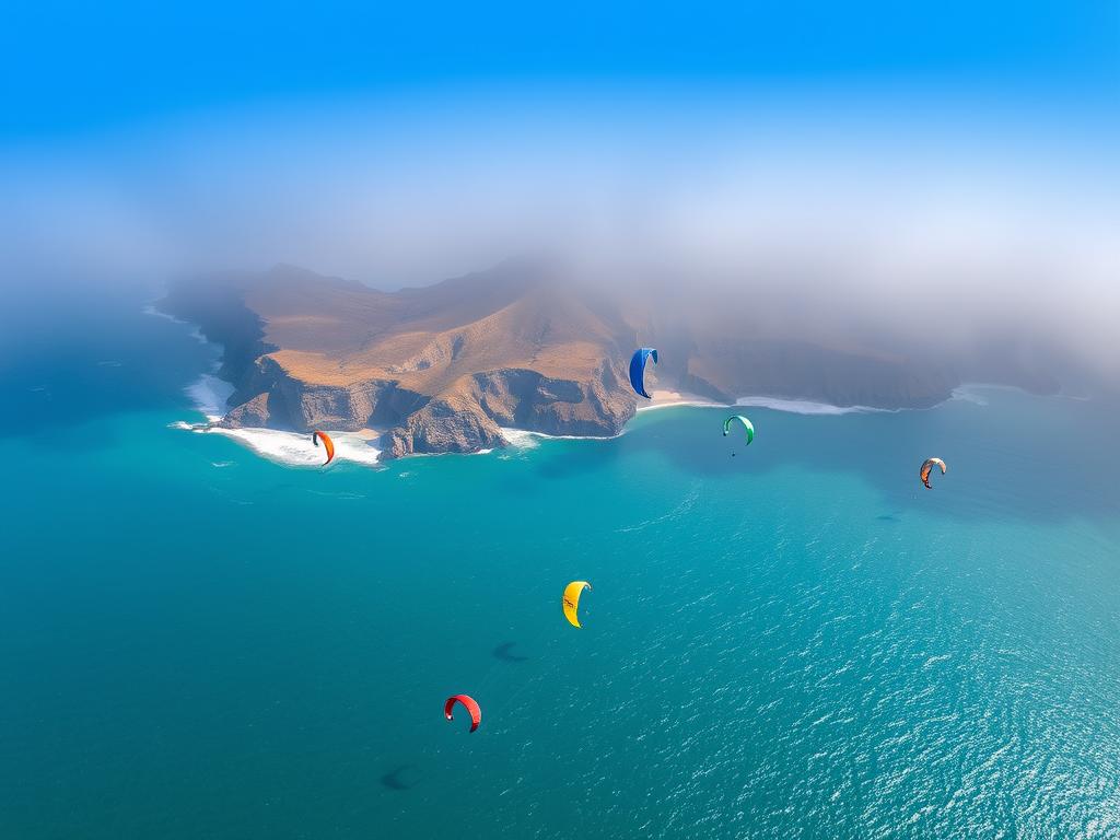A breathtaking aerial view of the Witsand Misty Cliffs, where the vibrant ocean meets the rugged, windswept coastline of Cape Town. Kitesurfers glide effortlessly across the shimmering turquoise waters, their colorful kites dancing against the backdrop of majestic, mist-shrouded cliffs. The soft, diffused light filters through the hazy atmosphere, creating a serene and ethereal ambiance. The composition captures the dynamic interplay between the natural elements - the wind, the waves, and the land - showcasing the captivating beauty of this renowned kitesurfing destination.