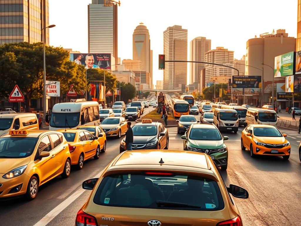 A busy intersection in a South African city, showcasing the unique traffic patterns and vehicles common to the region. In the foreground, a rental car navigates the chaotic flow of taxis, minibuses, and private cars. The middle ground features pedestrians crossing the street, while in the background, towering skyscrapers and vibrant billboards create an urban backdrop. Warm, golden sunlight bathes the scene, capturing the energy and liveliness of daily commutes. The overall composition conveys the challenges and dynamics of driving in South Africa, a necessary consideration for families exploring the country.