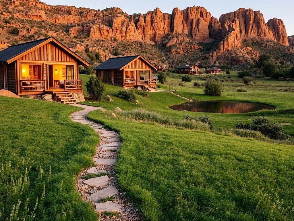 A cozy collection of rustic cabins nestled amidst the rolling hills and towering sandstone cliffs of the Golden Gate Highlands National Park in South Africa. The cabins, constructed from weathered wood and stone, blend seamlessly into the natural landscape, offering a tranquil retreat for visitors. Warm lighting filters through large windows, casting a soft glow over the inviting interiors furnished with earthy tones and natural textures. In the foreground, a well-trodden path winds through a lush, verdant meadow, leading guests towards the cabins. The mid-ground features a picturesque pond, its still waters reflecting the magnificent sandstone formations that rise up in the distance, creating a serene and picturesque scene.