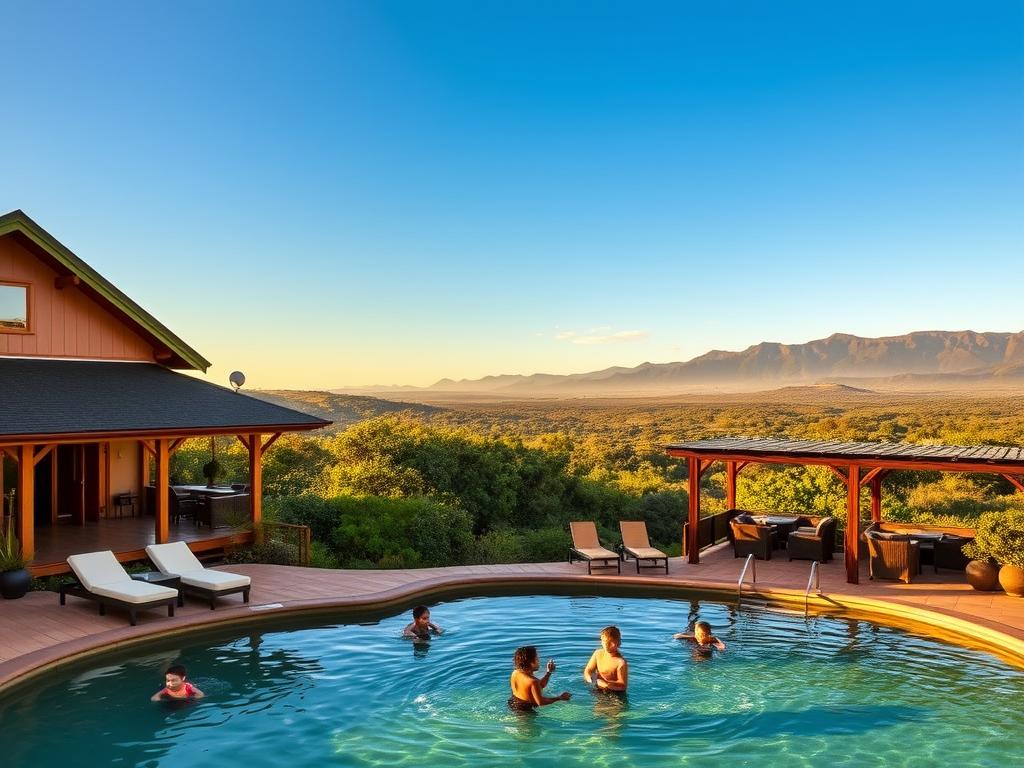 A cozy, family-friendly lodge nestled in the lush, verdant landscapes of South Africa. The main building features a warm, earthy palette with natural wood accents, inviting guests to relax and unwind. In the foreground, a tranquil pool is surrounded by plush lounge chairs, while children play in the shallows. In the middle ground, a covered patio with wicker furniture overlooks a sweeping vista of rolling hills and distant mountains, bathed in the golden glow of the afternoon sun. The background is filled with a diverse array of indigenous flora, creating a serene, natural ambiance. An atmosphere of comfort, adventure, and connection with the stunning African wilderness.