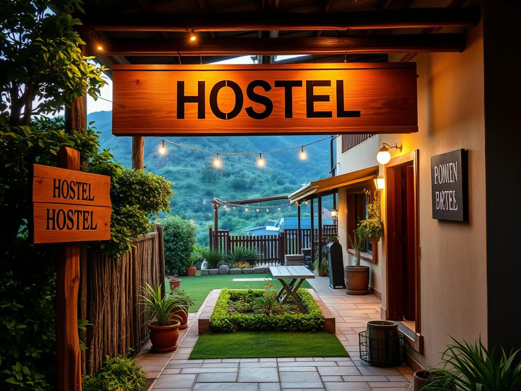 A cozy hostel entrance with a warm, welcoming atmosphere. Wooden signage and a quaint, well-kept front garden lead the way to a charming building with a mix of traditional and modern elements. Soft lighting illuminates the scene, creating a tranquil and inviting ambiance. In the background, a lush, verdant landscape with rolling hills or mountains hints at the natural beauty of the surroundings. The image conveys a sense of safety, comfort, and adventure, perfectly suited for solo female travelers seeking a secure and comfortable accommodation in South Africa.