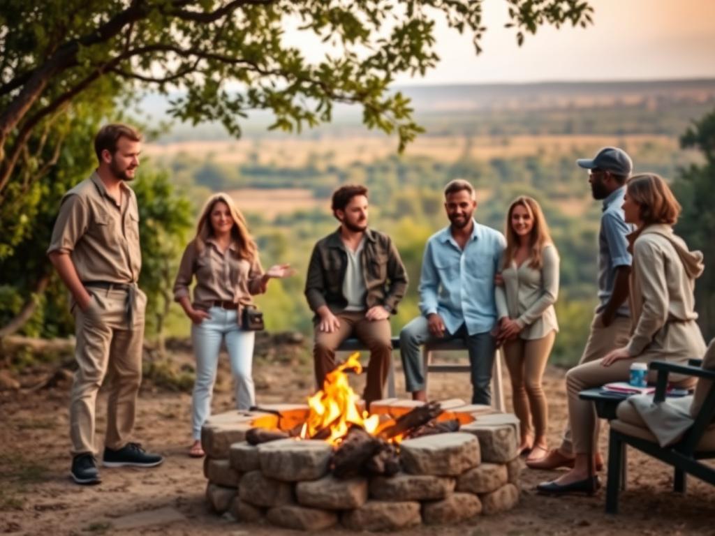 A cozy outdoor scene on a warm safari evening. In the foreground, a group of friends casually gathered around a campfire, dressed in comfortable, casual safari attire - khaki pants, linen shirts, and light jackets. The middle ground features a backdrop of lush, verdant foliage and a glimpse of the African savanna in the distance. Soft, ambient lighting casts a gentle glow, creating a relaxed, inviting atmosphere. The composition captures the essence of an enjoyable, laid-back evening after a day of safari exploration, with an emphasis on comfortable, practical safari-inspired casual wear. A cozy outdoor scene on a warm safari evening. In the foreground, a group of friends casually gathered around a campfire, dressed in comfortable, casual safari attire - khaki pants, linen shirts, and light jackets. The middle ground features a backdrop of lush, verdant foliage and a glimpse of the African savanna in the distance. Soft, ambient lighting casts a gentle glow, creating a relaxed, inviting atmosphere. The composition captures the essence of an enjoyable, laid-back evening after a day of safari exploration, with an emphasis on comfortable, practical safari-inspired casual wear.