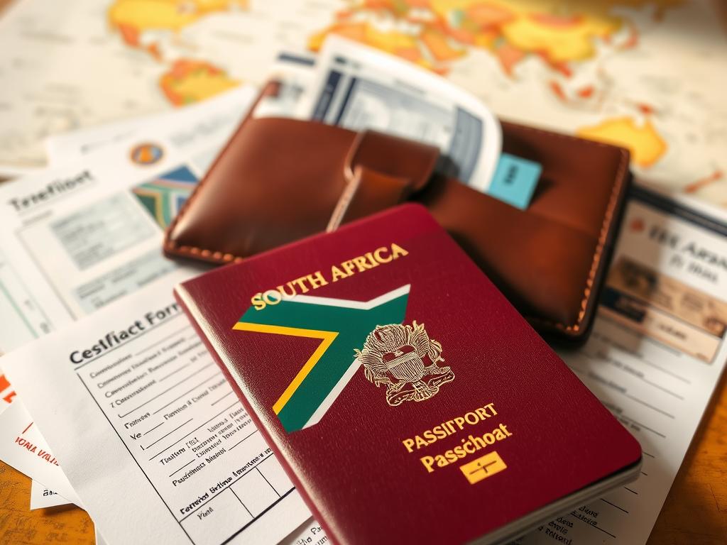A detailed, official-looking collection of travel documents for a South African journey. In the foreground, a burgundy passport with the South African flag prominently displayed, surrounded by various forms and certificates - vaccination records, visas, and itineraries. In the middle ground, a smart brown leather travel wallet containing airline tickets, hotel reservations, and other essential travel papers. The background features a softly blurred world map, hinting at the international scope of the journey. Warm, natural lighting casts a professional, authoritative tone over the entire composition. Captured with a clean, high-resolution camera lens to emphasize the important details.