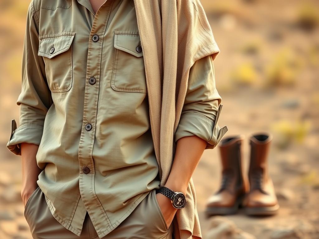 A diverse layered outfit for versatile safari conditions. In the foreground, a sturdy khaki button-down shirt with rolled up sleeves, paired with neutral cargo pants. The middle ground features a lightweight beige linen shawl, draped elegantly over the shoulders. In the background, a pair of weathered brown leather boots, ready to traverse the uneven terrain. Subtle earth-toned colors create a cohesive, camouflage-inspired palette. Soft, diffused natural lighting illuminates the ensemble, evoking the warm, golden glow of the savanna. The overall aesthetic conveys a sense of practical comfort and adventurous style, ideal for the changing weather and activities of a safari excursion. A diverse layered outfit for versatile safari conditions. In the foreground, a sturdy khaki button-down shirt with rolled up sleeves, paired with neutral cargo pants. The middle ground features a lightweight beige linen shawl, draped elegantly over the shoulders. In the background, a pair of weathered brown leather boots, ready to traverse the uneven terrain. Subtle earth-toned colors create a cohesive, camouflage-inspired palette. Soft, diffused natural lighting illuminates the ensemble, evoking the warm, golden glow of the savanna. The overall aesthetic conveys a sense of practical comfort and adventurous style, ideal for the changing weather and activities of a safari excursion.