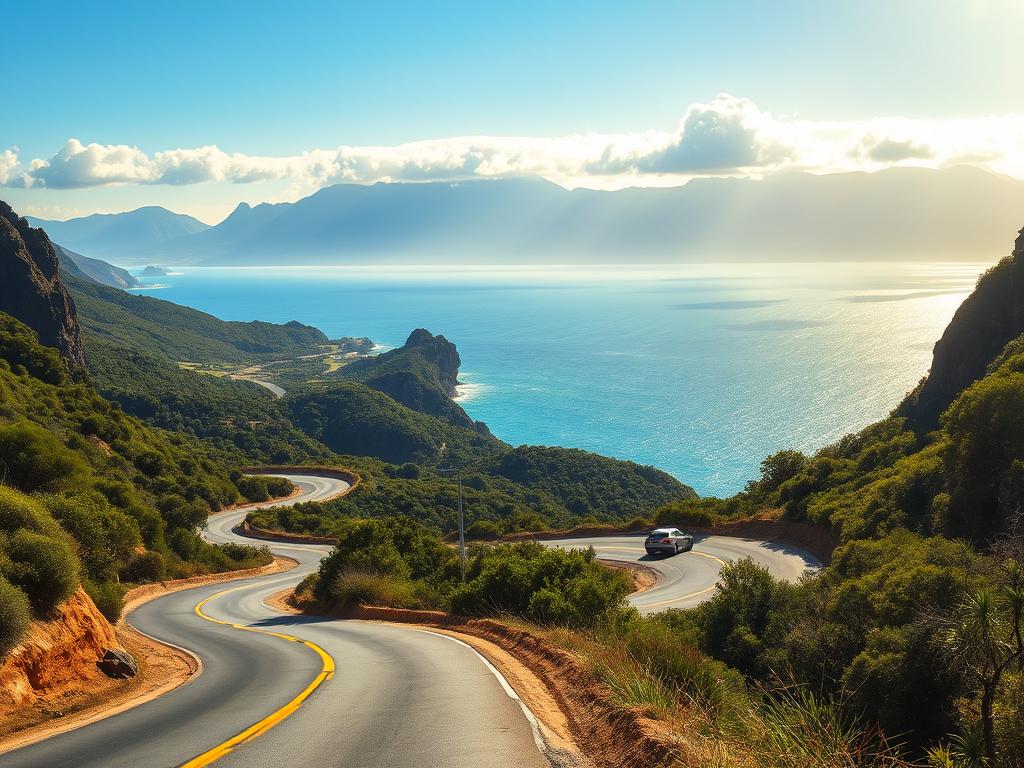 A dramatic, sun-drenched coastal road winds along rugged cliffs, offering breathtaking views of the azure Indian Ocean. Lush, verdant forests flank the road, their canopies casting soft shadows on the asphalt. In the distance, towering mountains rise, their peaks capped with a dusting of snow. Sunlight filters through the clouds, casting a warm, golden glow over the entire scene. A lone car navigates the serpentine curves, its driver captivated by the stunning natural beauty that unfolds before them. This is the essence of the Garden Route Küstenstraße, a true gem of South Africa's renowned Garden Route.