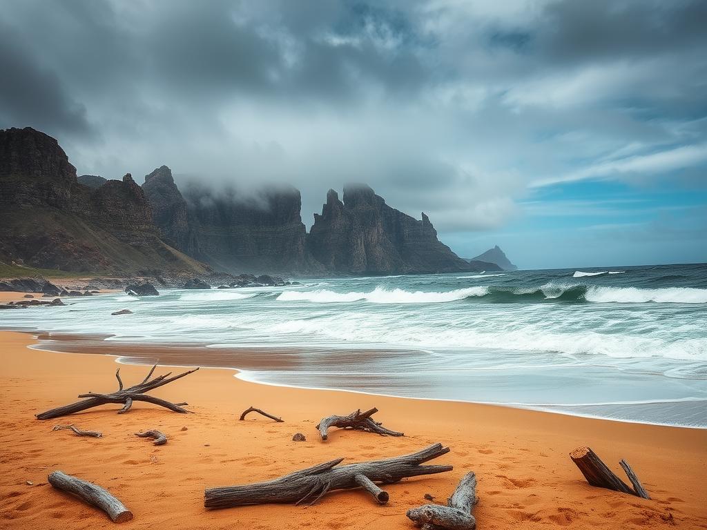 A dramatic, windswept scene of Diaz Beach, a ruggedly beautiful stretch of coastline in Cape Town. The foreground features a wide expanse of golden sand, dotted with driftwood and weathered boulders. In the middle ground, rolling waves crash against the shore, their white foamy tops contrasted by the deep blues and greens of the ocean. Towering, jagged cliffs rise up in the background, their rocky faces textured by years of erosion. The sky overhead is a moody mix of grays and blues, with wispy clouds scudding across the frame, hinting at the changeable nature of the weather. The overall atmosphere is one of wild, untamed beauty - a truly romantic and captivating coastal landscape.