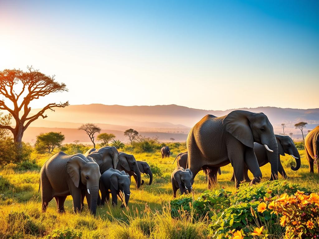 A herd of majestic African elephants grazing peacefully in the lush, verdant landscape of Addo Elephant National Park, South Africa. The warm, golden light of the afternoon sun bathes the scene, casting soft shadows and highlighting the elephants' wrinkled, leathery skin. In the foreground, a towering matriarch leads her family, their trunks swaying in gentle synchronicity as they forage for food. The middle ground features a diverse array of flora, including acacia trees and vibrant wildflowers, creating a rich, textured backdrop. In the distance, rolling hills and a clear, azure sky complete the serene, natural setting, inviting the viewer to immerse themselves in the tranquil atmosphere of this iconic wildlife sanctuary.