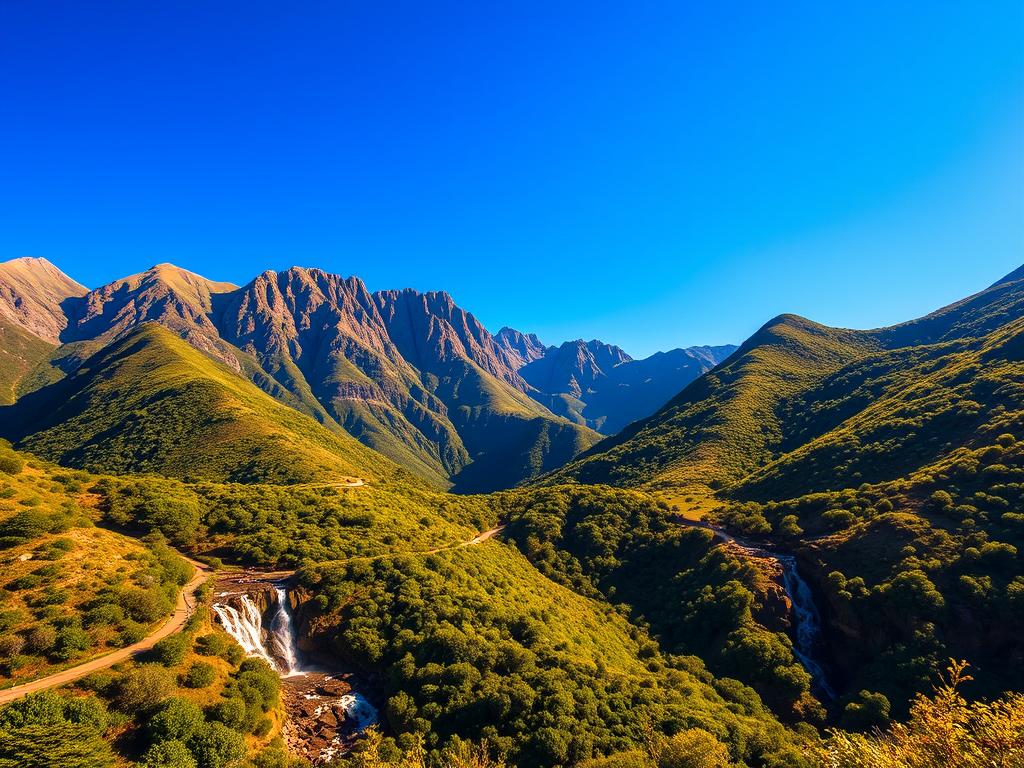 A majestic mountain range rises against a clear, azure sky, the craggy peaks of the Drakensberge reaching towards the heavens. Lush, verdant foliage clings to the slopes, dotted with cascading waterfalls that shimmer in the warm, golden sunlight. Winding trails carve through the rugged terrain, beckoning hikers to explore this vast, untamed wilderness, a true adventurer's paradise. The scene exudes a sense of tranquility and awe, the grandeur of the landscape instilling a profound reverence for the natural world. This is the Drakensberge, a breathtaking mountain sanctuary where the spirit soars and the heart finds peace.