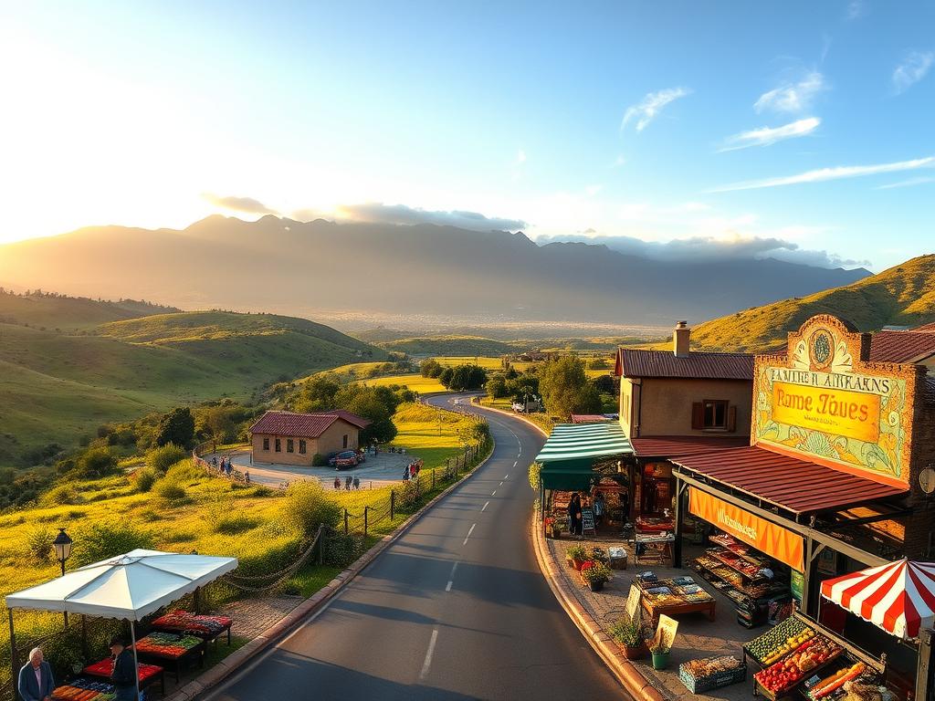 A panoramic vista of a picturesque South African countryside, showcasing a winding road leading through lush rolling hills and valleys. In the foreground, a vibrant local farmers' market bustles with vendors offering an array of colorful produce, baked goods, and artisanal crafts. The middle ground features rustic, charming buildings housing quaint cafes and shops, their facades adorned with vibrant murals and signage. In the background, majestic mountains rise, their peaks capped with wispy clouds. Warm, golden sunlight bathes the scene, creating a welcoming, inviting atmosphere. The overall composition conveys a sense of tranquility, community, and the abundance of local culinary delights waiting to be discovered along the Panorama Route. A panoramic vista of a picturesque South African countryside, showcasing a winding road leading through lush rolling hills and valleys. In the foreground, a vibrant local farmers' market bustles with vendors offering an array of colorful produce, baked goods, and artisanal crafts. The middle ground features rustic, charming buildings housing quaint cafes and shops, their facades adorned with vibrant murals and signage. In the background, majestic mountains rise, their peaks capped with wispy clouds. Warm, golden sunlight bathes the scene, creating a welcoming, inviting atmosphere. The overall composition conveys a sense of tranquility, community, and the abundance of local culinary delights waiting to be discovered along the Panorama Route.