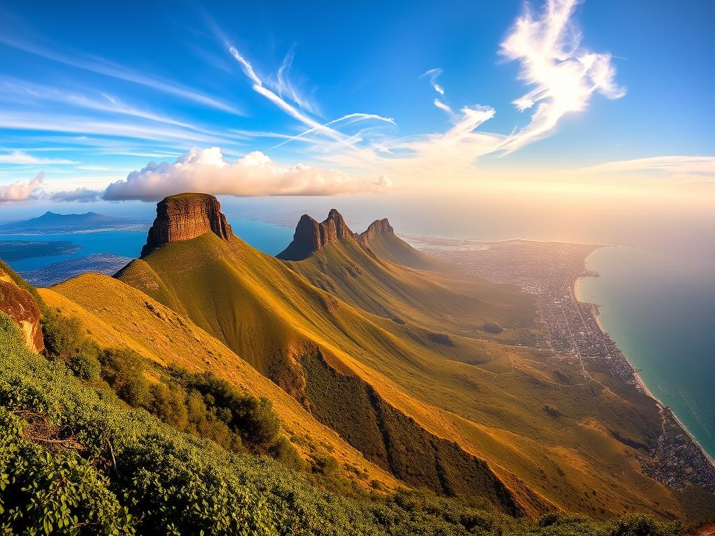 A panoramic vista of the iconic Tafelberg (Table Mountain) in Cape Town, South Africa, with the city's skyline and the deep blue Atlantic Ocean in the background. The towering mountain stands majestically, its flat top illuminated by warm, golden sunlight filtering through wispy clouds. In the foreground, lush, verdant vegetation cascades down the mountain's slopes, creating a vibrant, natural contrast against the urban landscape. The scene evokes a sense of tranquility and awe, capturing the essence of Cape Town's breathtaking natural beauty and its harmonious blend of urban and rural elements.