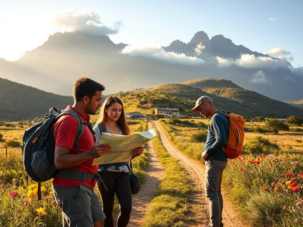A picturesque South African landscape, with a serene rural village nestled in the rolling hills. In the foreground, a group of travelers pause to examine a detailed map, their expressions focused and alert. Backpacks and hiking gear suggest a spirit of adventure. The midground features a well-maintained dirt road, flanked by lush vegetation and vibrant wildflowers. In the background, majestic mountains loom, their peaks shrouded in wispy clouds. The lighting is soft and golden, creating a warm, inviting atmosphere. The overall scene conveys a sense of exploration, safety, and the importance of preparation when embarking on a journey through South Africa's diverse landscapes.