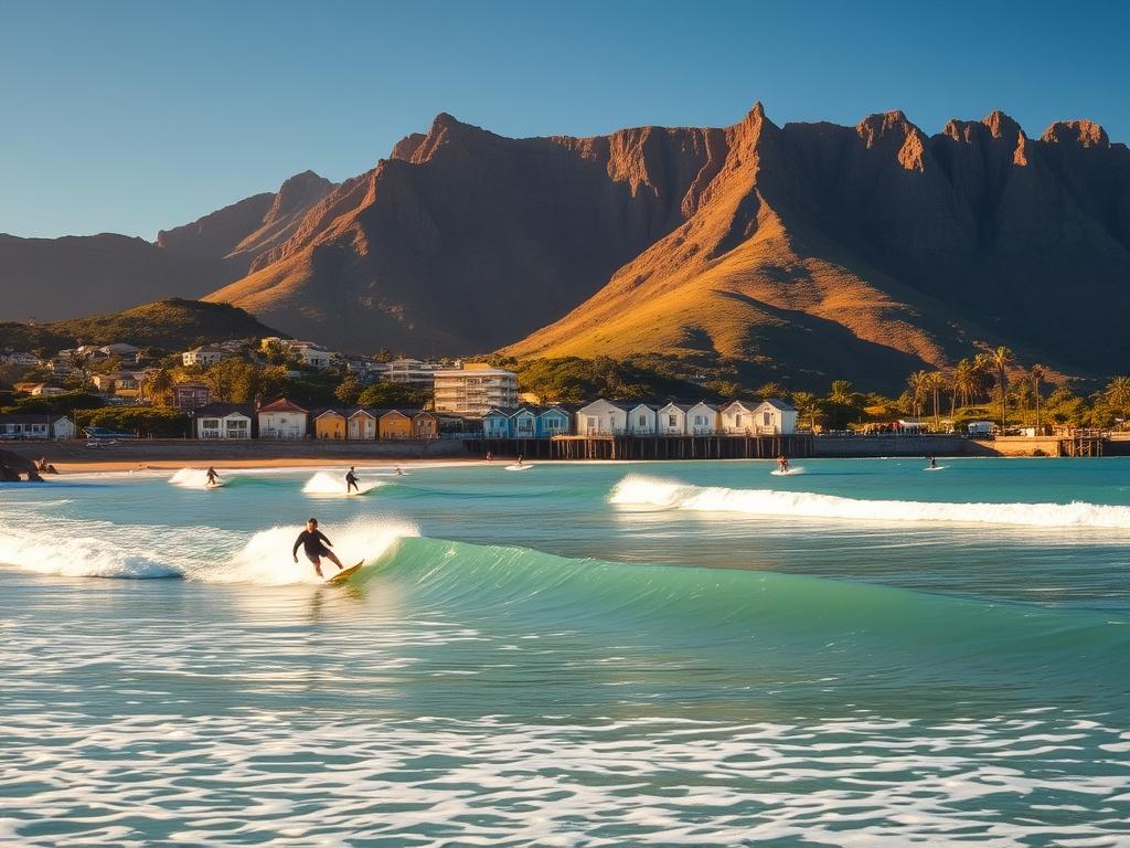 A picturesque beach scene at Muizenberg, Cape Town. The foreground features surfers catching waves, their boards cutting through the turquoise waters. The middle ground showcases the iconic Muizenberg beach huts, their vibrant colors reflecting in the calm sea. In the background, rugged mountains rise, their slopes covered in lush greenery. The scene is bathed in warm, golden light, creating a serene and inviting atmosphere. The camera angle captures the dynamic energy of the surf and the tranquil beauty of the natural surroundings, showcasing Muizenberg as a true surfer's paradise.