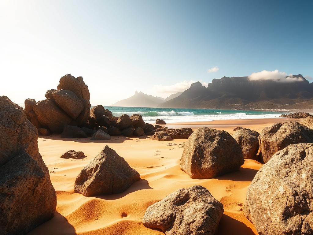 A picturesque coastal scene at Llandudno Beach, South Africa. In the foreground, rugged granite boulders jut out from the golden sand, casting dramatic shadows. The middle ground features gently lapping turquoise waves, their motion captured in a soft, ethereal blur. In the background, a majestic mountain range rises up, its peaks capped with wispy clouds. The lighting is warm and golden, creating a serene, tranquil atmosphere. This scene is captured with a wide-angle lens, showcasing the natural beauty and tranquility of this hidden gem along the Cape Town coastline.