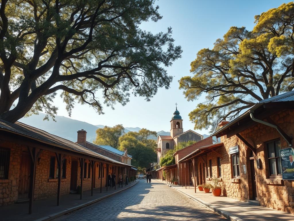 A picturesque historical town nestled in the lush, rolling hills of South Africa's Panorama Route. Weathered stone buildings with corrugated roofs line the quiet, cobblestone streets of Pilgrim's Rest, radiating a timeless charm. Dappled sunlight filters through the canopy of ancient oak trees, casting a warm, golden glow over the well-preserved facades. In the distance, a quaint church steeple rises above the rooftops, its bell tower a testament to the town's enduring legacy. Visitors stroll along the tranquil pathways, immersed in the captivating blend of heritage and natural beauty that defines this enchanting destination. A picturesque historical town nestled in the lush, rolling hills of South Africa's Panorama Route. Weathered stone buildings with corrugated roofs line the quiet, cobblestone streets of Pilgrim's Rest, radiating a timeless charm. Dappled sunlight filters through the canopy of ancient oak trees, casting a warm, golden glow over the well-preserved facades. In the distance, a quaint church steeple rises above the rooftops, its bell tower a testament to the town's enduring legacy. Visitors stroll along the tranquil pathways, immersed in the captivating blend of heritage and natural beauty that defines this enchanting destination.