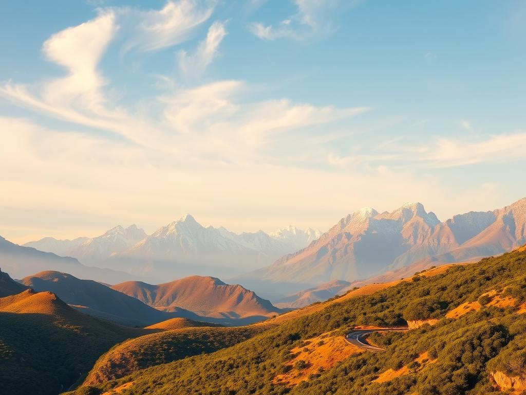 A picturesque landscape under a clear, azure sky, with wispy clouds drifting overhead. In the foreground, a winding road snakes through rolling hills adorned with lush, verdant vegetation. Towering, snow-capped mountains rise majestically in the distance, their peaks glowing in the warm, golden sunlight. The scene exudes a sense of tranquility and adventure, inviting the viewer to embark on a journey through the stunning vistas of the Panorama Route in South Africa, capturing the ideal weather conditions for the best time of year to explore this breathtaking region. A picturesque landscape under a clear, azure sky, with wispy clouds drifting overhead. In the foreground, a winding road snakes through rolling hills adorned with lush, verdant vegetation. Towering, snow-capped mountains rise majestically in the distance, their peaks glowing in the warm, golden sunlight. The scene exudes a sense of tranquility and adventure, inviting the viewer to embark on a journey through the stunning vistas of the Panorama Route in South Africa, capturing the ideal weather conditions for the best time of year to explore this breathtaking region.