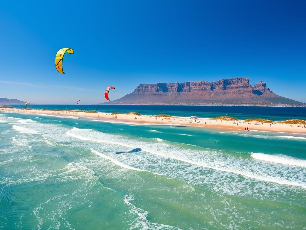 A pristine beach along the Cape Town coastline, Bloubergstrand, with its iconic view of Table Mountain in the distance. The scene depicts a vibrant, sun-drenched day, with a gentle breeze rippling across the azure waters. In the foreground, colorful kitesurfers glide effortlessly over the waves, their kites soaring high above, creating a captivating display of athleticism and grace. The middle ground showcases the expansive sandy beach, dotted with sunbathers and strollers, while the background features the majestic silhouette of Table Mountain, its peaks bathed in a warm, golden glow. The overall atmosphere conveys a sense of tranquility, adventure, and the sheer natural beauty that makes Bloubergstrand a must-visit destination.