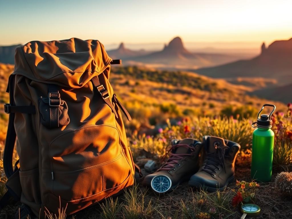 A rugged backpack filled with essential gear sits in the foreground, casting a warm glow under soft, natural lighting. In the middle ground, hiking boots, a compass, and a water bottle suggest the practical necessities for a trek through the Golden Gate Highlands National Park. The background reveals a panoramic view of the park's rolling hills, dotted with vibrant wildflowers and towering sandstone cliffs, bathed in the golden hues of the setting sun. The overall scene conveys a sense of adventure, preparedness, and the breathtaking natural beauty that awaits visitors to this stunning South African destination.