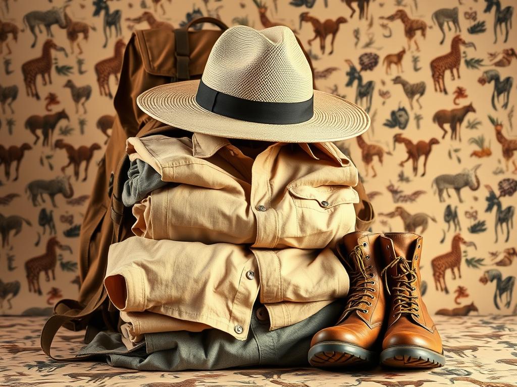 A rugged safari backpack sits atop a neatly folded pile of safari-style clothing essentials - khaki shorts, a linen button-down shirt, a wide-brimmed hat, and a pair of sturdy leather boots. The scene is bathed in soft, warm lighting, creating a sense of adventure and exploration. In the background, a subtle pattern of animal prints and botanical motifs adds depth and a touch of the wild. The overall composition conveys a sense of practical preparedness and excitement for an upcoming safari journey. A rugged safari backpack sits atop a neatly folded pile of safari-style clothing essentials - khaki shorts, a linen button-down shirt, a wide-brimmed hat, and a pair of sturdy leather boots. The scene is bathed in soft, warm lighting, creating a sense of adventure and exploration. In the background, a subtle pattern of animal prints and botanical motifs adds depth and a touch of the wild. The overall composition conveys a sense of practical preparedness and excitement for an upcoming safari journey.