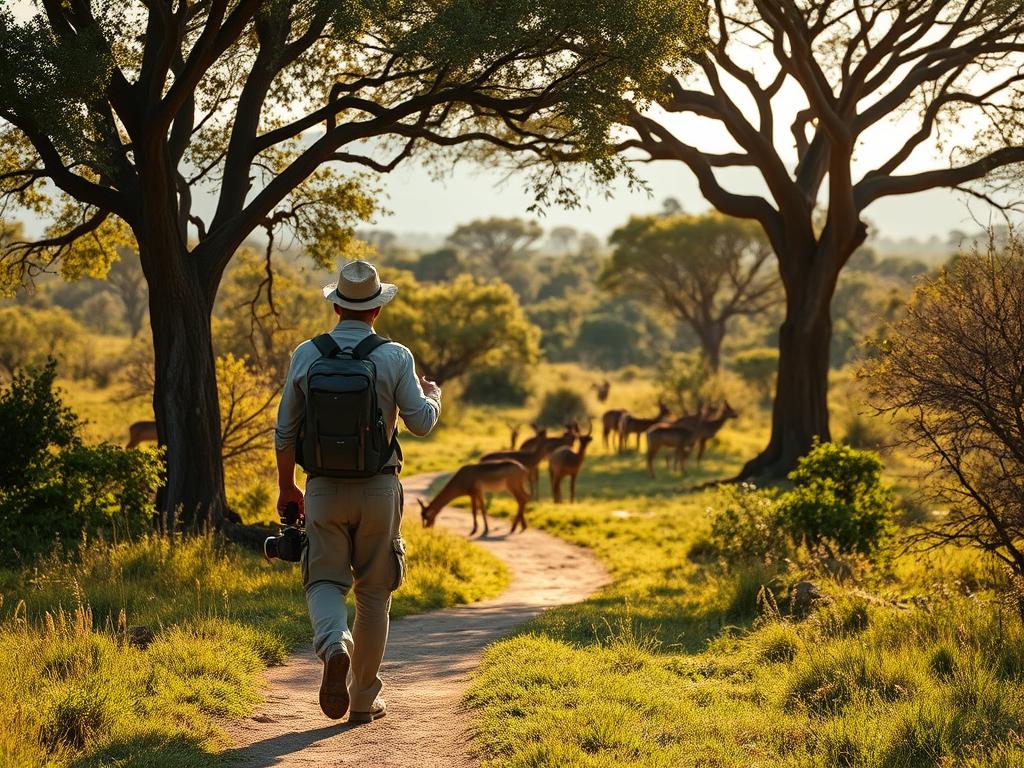 A safari-clad figure strides purposefully through a lush, verdant savanna, navigating a winding bush path. Towering acacia trees cast dappled shadows across the sunlit scene, as a herd of impalas graze peacefully in the middle distance. The adventurer's gaze is focused, alert to the sights and sounds of the African wilderness, camera at the ready to capture the next wildlife sighting. Warm, golden afternoon light bathes the landscape, infusing the image with a sense of tranquility and adventure. A 50mm lens captures the intimate perspective, drawing the viewer into the moment and evoking the thrill of an authentic bush walk safari experience. A safari-clad figure strides purposefully through a lush, verdant savanna, navigating a winding bush path. Towering acacia trees cast dappled shadows across the sunlit scene, as a herd of impalas graze peacefully in the middle distance. The adventurer's gaze is focused, alert to the sights and sounds of the African wilderness, camera at the ready to capture the next wildlife sighting. Warm, golden afternoon light bathes the landscape, infusing the image with a sense of tranquility and adventure. A 50mm lens captures the intimate perspective, drawing the viewer into the moment and evoking the thrill of an authentic bush walk safari experience.