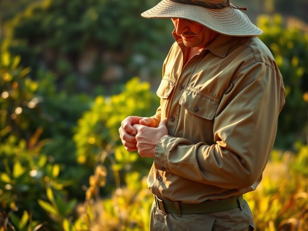 A safari-clad individual stands in a lush, verdant landscape, their rugged outdoor attire glistening with a protective sheen. The lighting is warm and golden, casting a soft glow over the scene. In the foreground, the person carefully inspects the fabric, checking for signs of wear and tear, while in the background, towering green foliage and a hint of distant wildlife create a sense of immersion in the natural world. The overall mood is one of adventure and preparation, conveying the importance of properly caring for and waterproofing one's safari clothing to withstand the demands of the outdoor environment. A safari-clad individual stands in a lush, verdant landscape, their rugged outdoor attire glistening with a protective sheen. The lighting is warm and golden, casting a soft glow over the scene. In the foreground, the person carefully inspects the fabric, checking for signs of wear and tear, while in the background, towering green foliage and a hint of distant wildlife create a sense of immersion in the natural world. The overall mood is one of adventure and preparation, conveying the importance of properly caring for and waterproofing one's safari clothing to withstand the demands of the outdoor environment.
