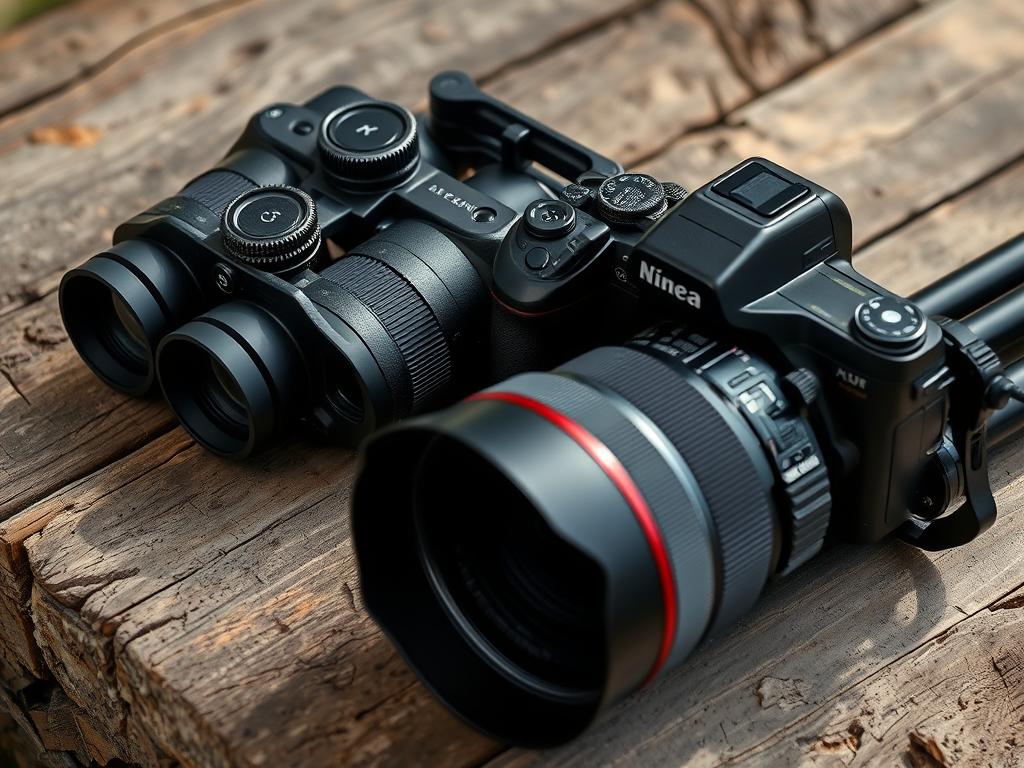 A safari-themed still life showcasing essential technical equipment - a high-quality binocular with multiple lenses, a professional-grade DSLR camera with a long telephoto lens, and an advanced tripod. The items are arranged artfully on a rugged, weathered wooden surface, with a neutral, earthy color palette complementing the outdoorsy theme. Soft, diffused natural lighting filters in, casting gentle shadows and highlights that emphasize the texture and craftsmanship of the gear. The overall mood is one of adventure, exploration, and the thrill of capturing the wonders of the wild. A sense of expedition and preparedness pervades the scene. A safari-themed still life showcasing essential technical equipment - a high-quality binocular with multiple lenses, a professional-grade DSLR camera with a long telephoto lens, and an advanced tripod. The items are arranged artfully on a rugged, weathered wooden surface, with a neutral, earthy color palette complementing the outdoorsy theme. Soft, diffused natural lighting filters in, casting gentle shadows and highlights that emphasize the texture and craftsmanship of the gear. The overall mood is one of adventure, exploration, and the thrill of capturing the wonders of the wild. A sense of expedition and preparedness pervades the scene.