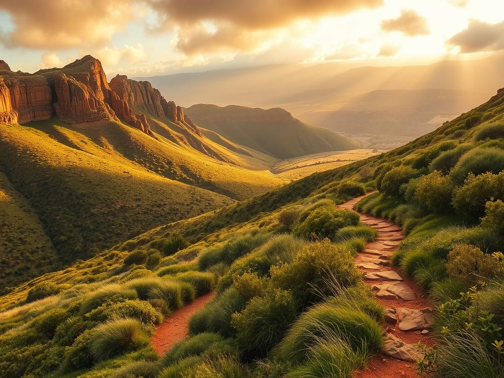 A scenic landscape of the Golden Gate Highlands National Park in South Africa, with rugged sandstone cliffs and rolling hills in the background. In the foreground, a winding hiking trail leads through the lush, green vegetation, inviting visitors to explore the natural beauty of this remarkable park. The warm, golden light filters through the clouds, casting a serene and inviting atmosphere over the scene. The image captures the essence of outdoor adventure and the splendor of the South African highlands.