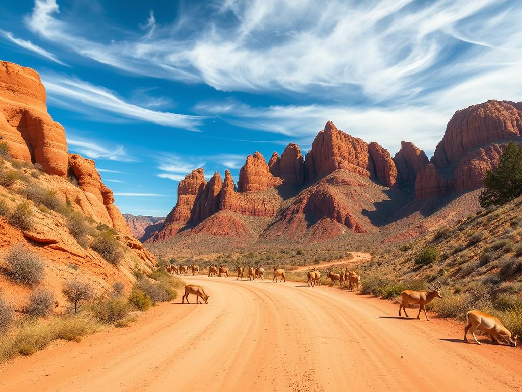 A scenic mountain road winds through the majestic Golden Gate Highlands National Park in South Africa. In the foreground, a dusty dirt track leads visitors past vibrant red and golden sandstone formations, their hues glowing in the warm afternoon sunlight. In the middle ground, a herd of eland antelope grazes peacefully against the backdrop of towering, rugged cliffs. The sky is a brilliant azure, with wispy cirrus clouds drifting overhead. The overall atmosphere is one of tranquility and natural splendor, inviting travelers to embark on an unforgettable journey through this breathtaking landscape.