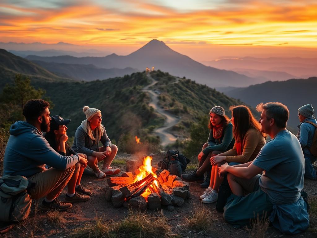 A serene and tranquil scene of experienced solo travelers sharing their journeys. In the foreground, a group of diverse individuals sit around a campfire, engaged in conversation and exchanging travel tips. The middle ground features a winding mountain path, with lush vegetation and a majestic peak in the distance. Warm, soft lighting illuminates the scene, creating a cozy and inviting atmosphere. The background is a breathtaking vista of rolling hills and a vibrant, sunset-painted sky. The overall composition conveys a sense of community, exploration, and the wisdom gained from first-hand travel experiences.