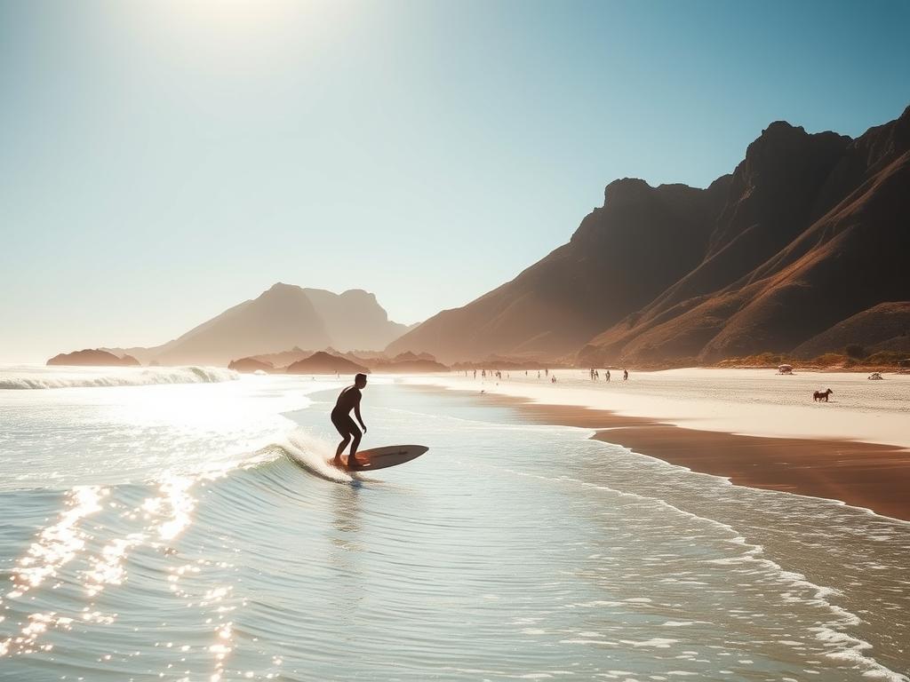 A serene coastal landscape in Kapstadt, South Africa. In the foreground, a surfer rides a wave at Long Beach, Kommetjie, their silhouette reflected in the glimmering water. Warm afternoon sunlight bathes the scene, casting a golden glow. In the middle ground, the pristine white sand of the beach stretches out, dotted with sun-worshippers and playful canines. The dramatic cliffs of the Cape Peninsula rise up in the distance, their rugged beauty framing the idyllic shoreline. An atmosphere of laid-back beachside tranquility pervades the frame, capturing the essence of this renowned surfing destination.