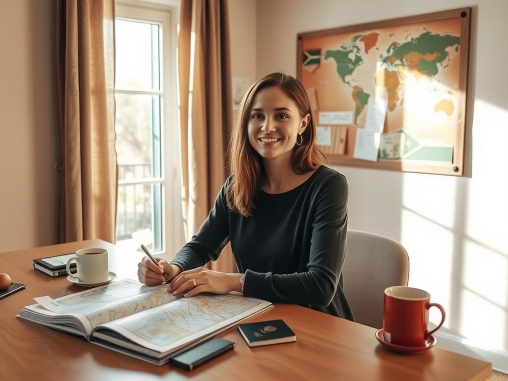 A serene travel preparation scene set in South Africa: A woman sits at a desk, surrounded by a map, guidebook, passport, and a cup of coffee. Warm, natural lighting filters through a window, casting a cozy glow. In the background, a bulletin board displays travel documents, notes, and a world map, hinting at the upcoming journey. The overall atmosphere conveys a sense of excitement and anticipation for the solo adventure ahead. Subtle, earthy tones and clean, minimalist design elements create a calming, organized space perfect for planning the perfect South African getaway.