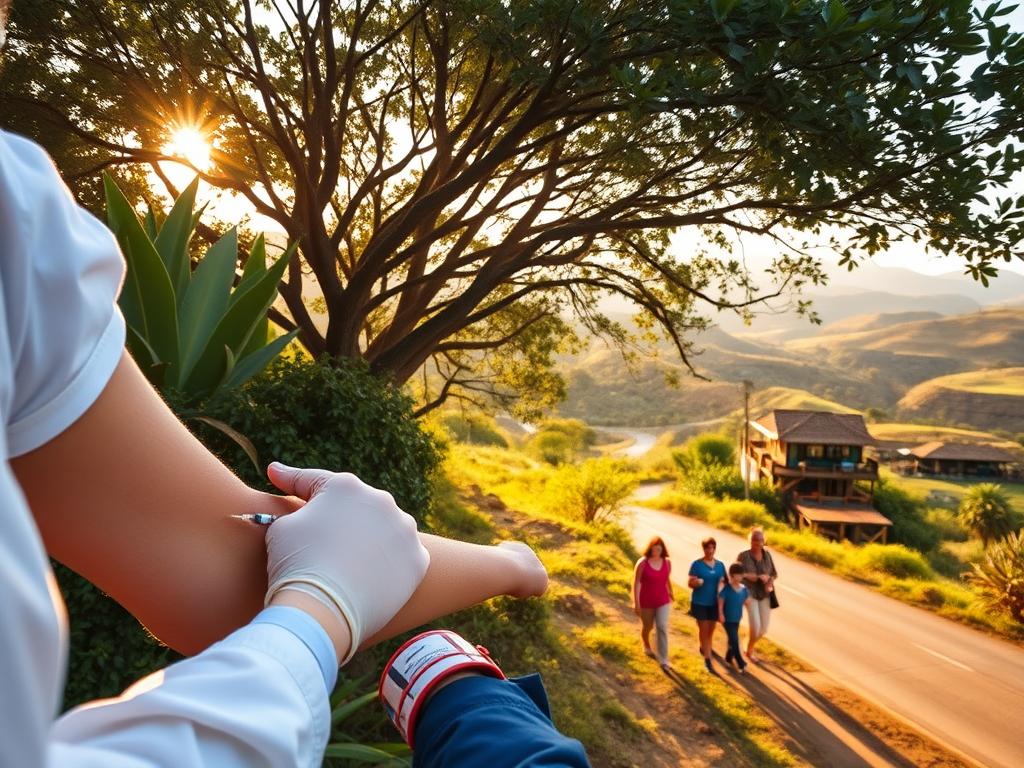 A serene tropical landscape in Mpumalanga, South Africa. In the foreground, a person receives a vaccination from a medical professional, their arm extended as they prepare for the injection. In the middle ground, a family explores a nature trail, surrounded by lush vegetation and vibrant wildlife. In the background, a scenic road winds through rolling hills, leading to a traditional African village. Warm, golden sunlight filters through the canopy, creating a calming, safe atmosphere. The scene conveys the importance of health precautions and preventative care when traveling to this picturesque region.