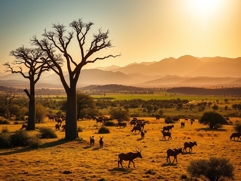 A stunning landscape of South Africa's diverse climate and seasons. In the foreground, a sun-dappled savanna with towering baobab trees and grazing wildlife. The middle ground features rolling hills and lush, verdant meadows, while the distant horizon is dominated by the majestic silhouettes of the Drakensberg Mountains, their peaks capped with snow. The warm, golden light of the sun casts a soft, inviting glow over the scene, creating a serene and tranquil atmosphere. The composition captures the essence of the best travel time in South Africa, showcasing the varied and beautiful weather that makes this destination a year-round delight for visitors.