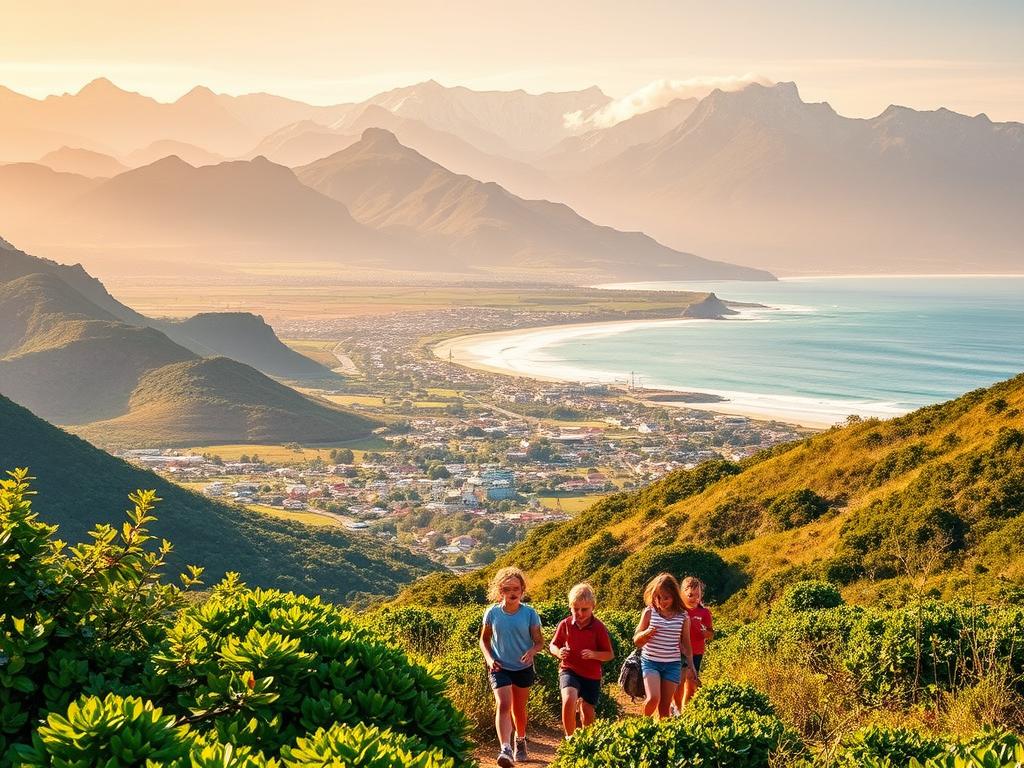 A stunning landscape of the Garden Route in South Africa, showcasing its natural beauty and diverse activities. In the foreground, a group of adventurous children explore the lush, verdant foliage, discovering hidden trails and engaging in outdoor pursuits. In the middle ground, a picturesque coastal town nestled between rolling hills and the sparkling ocean, with its charming architecture and bustling local markets. In the background, the majestic mountains rise, their peaks capped with snow, creating a breathtaking backdrop to this vibrant scene. The lighting is warm and golden, capturing the essence of the region's sunny climate, and the overall composition evokes a sense of wonder, exploration, and family-friendly adventure.