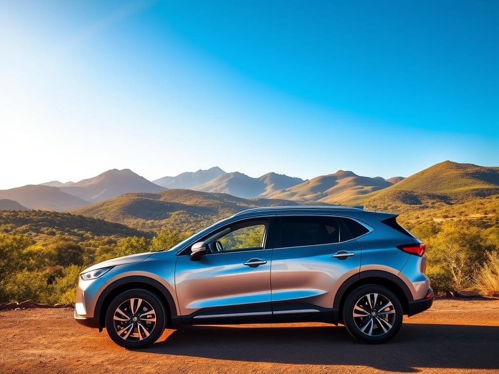 A sun-drenched South African landscape, featuring a sleek, mid-sized rental car in the foreground. The vehicle, gleaming in a metallic silver hue, stands ready for a road trip adventure. In the middle ground, lush vegetation and rolling hills create a verdant backdrop, hinting at the diverse terrain that awaits the traveler. The background is dominated by a cloudless, azure sky, bathing the entire scene in a warm, golden light. The composition conveys a sense of freedom, exploration, and the promise of discovering the wonders of South Africa by self-driving through the countryside.