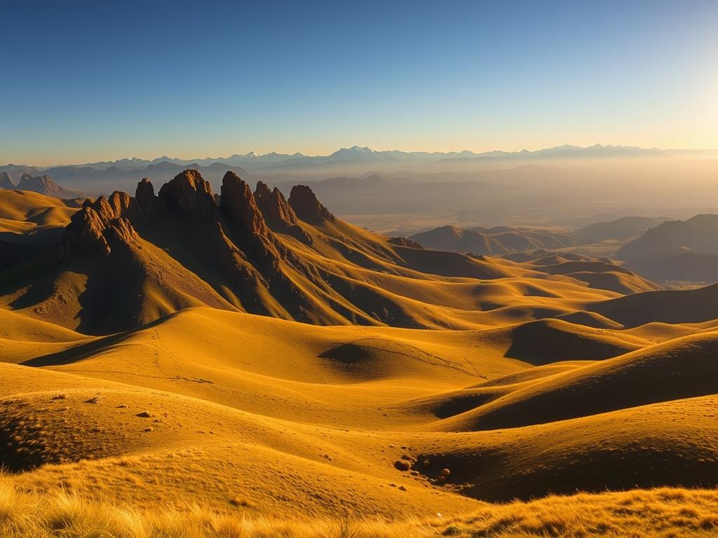 A sweeping vista of the Golden Gate Highlands in South Africa, bathed in the warm glow of the afternoon sun. In the foreground, rolling hills covered in lush, golden grasslands stretch out as far as the eye can see. In the middle ground, rocky outcroppings and jagged peaks rise up, their rugged silhouettes casting dramatic shadows across the landscape. In the distance, the silhouettes of the Drakensberg Mountains loom on the horizon, their snow-capped peaks glittering in the sunlight. The scene is infused with a sense of tranquility and timelessness, captured through a wide-angle lens that emphasizes the grandeur and scale of this breathtaking natural wonder. The overall mood is one of serene beauty and the awe-inspiring power of the natural world.