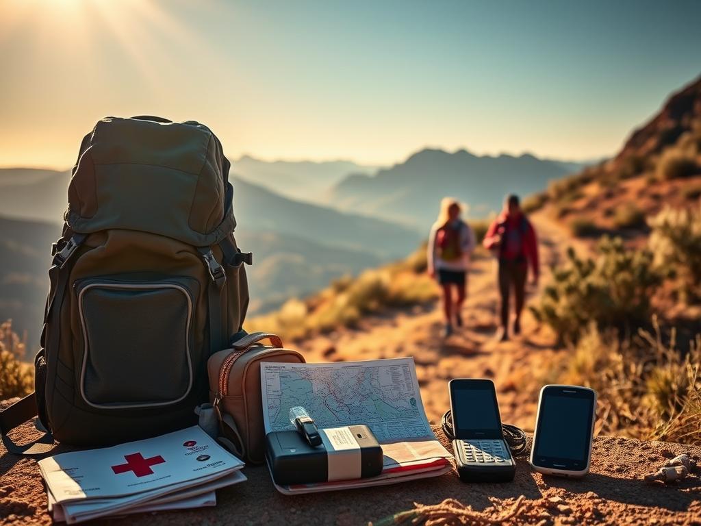 A tranquil South African landscape, bathed in warm sunlight, serves as the backdrop for a series of practical travel tips and safety guidelines. In the foreground, a tactfully curated collection of essential items - a sturdy backpack, a detailed map, a first-aid kit, and a reliable communication device - are meticulously arranged, conveying a sense of preparedness and security. The middle ground features a group of hikers navigating a winding trail, their expressions serene and attentive, embodying the spirit of adventurous yet cautious exploration. Subtle design elements, such as subtle icons or infographic-style illustrations, seamlessly integrate the practical information within the overall composition, creating a harmonious and visually appealing image. A tranquil South African landscape, bathed in warm sunlight, serves as the backdrop for a series of practical travel tips and safety guidelines. In the foreground, a tactfully curated collection of essential items - a sturdy backpack, a detailed map, a first-aid kit, and a reliable communication device - are meticulously arranged, conveying a sense of preparedness and security. The middle ground features a group of hikers navigating a winding trail, their expressions serene and attentive, embodying the spirit of adventurous yet cautious exploration. Subtle design elements, such as subtle icons or infographic-style illustrations, seamlessly integrate the practical information within the overall composition, creating a harmonious and visually appealing image.