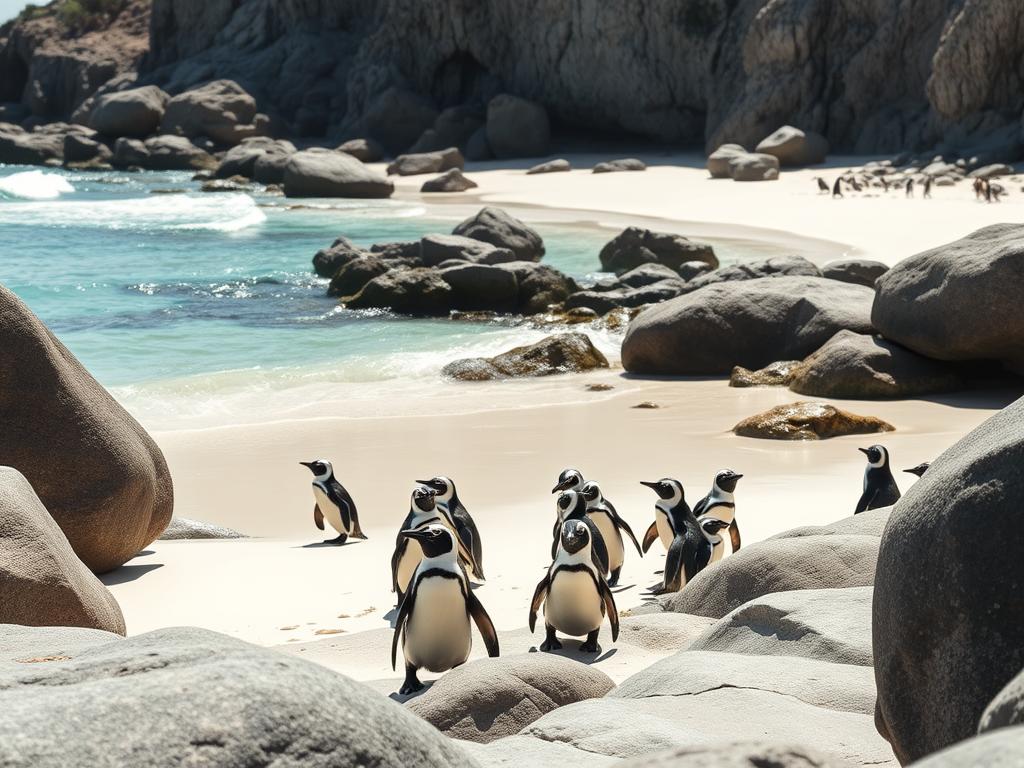 A tranquil cove at Boulders Beach, Cape Town, with a stunning foreground of curious African penguins waddling among the smooth granite boulders. The midground features the pristine white sand and lapping turquoise waves, while the background showcases the rugged, sun-dappled cliffs that frame this picturesque natural haven. The lighting is soft and diffused, creating a serene, almost mystical atmosphere that invites the viewer to immerse themselves in the peaceful coexistence of humans and wildlife. A classic wide-angle lens captures the entire scene, highlighting the scale and grandeur of this unique beach ecosystem.