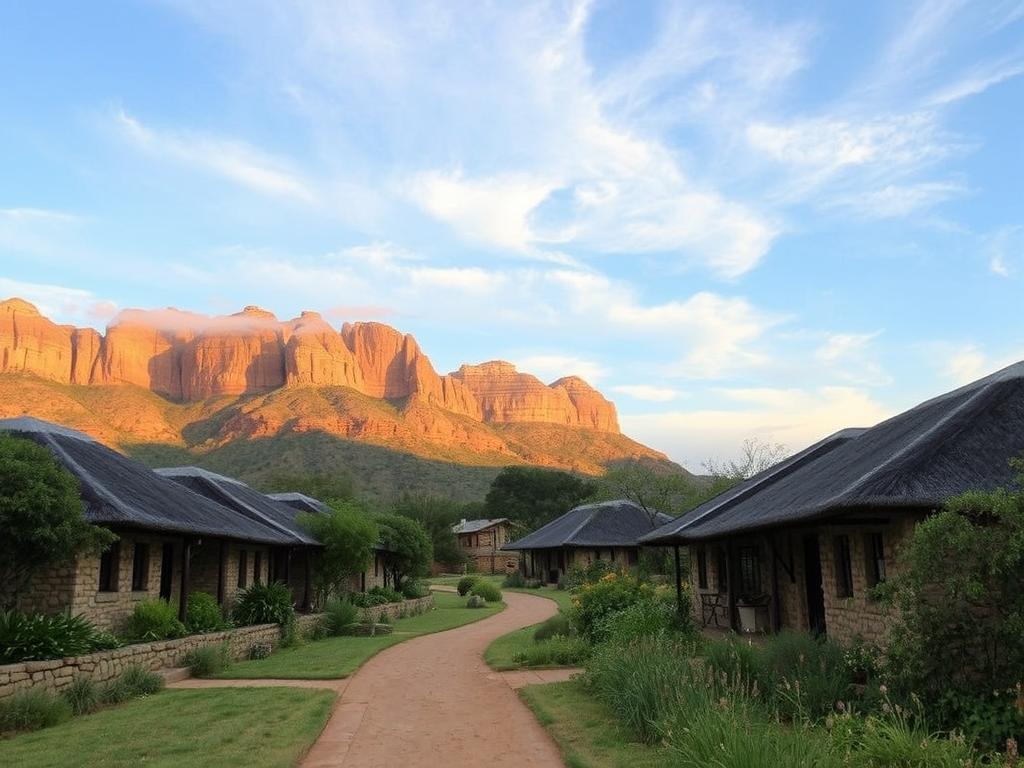 A tranquil landscape of the Glen Reenen Rest Camp nestled within the Golden Gate Highlands National Park in South Africa. The foreground features the rustic, stone-walled chalets with thatched roofs, surrounded by lush, verdant vegetation. A winding dirt path leads visitors through the middle ground, flanked by towering sandstone cliffs in the background, their ochre hues casting a warm glow under the soft, diffused lighting of the golden hour. Wispy clouds drift across a serene, azure sky, evoking a sense of peaceful solitude. The overall atmosphere is one of natural serenity, inviting visitors to immerse themselves in the serene beauty of this picturesque South African park destination.