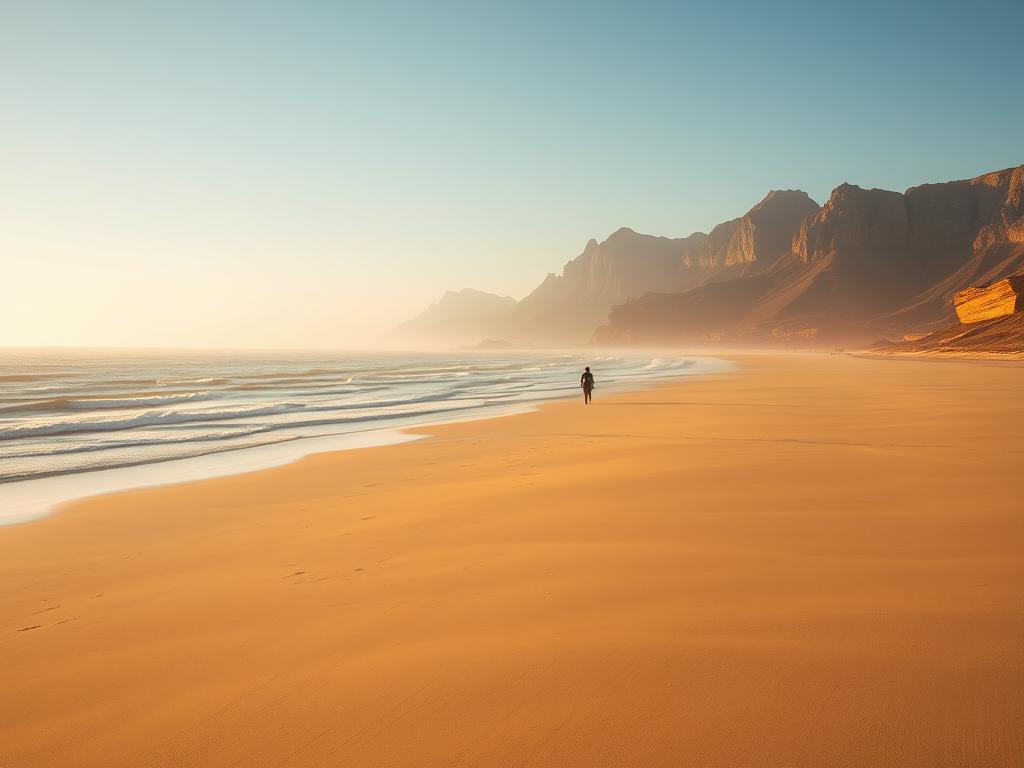 A vast, endless expanse of golden sand stretches out before a vast, azure sky. Gentle waves lap against the shore, creating a soothing, rhythmic melody. In the distance, rugged cliffs rise up, their jagged edges softened by the warm, golden light of the setting sun. The scene is bathed in a soft, diffused glow, casting a serene, tranquil atmosphere over the entire landscape. A lone figure strolls along the shore, their silhouette silhouetted against the horizon, inviting the viewer to immerse themselves in the peaceful solitude of Noordhoek Beach.