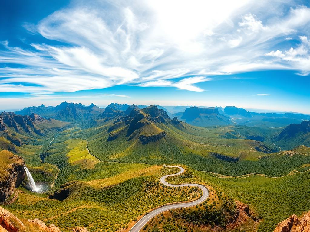 A vast, panoramic landscape of South Africa's Panorama Route, featuring a breathtaking tapestry of rugged mountains, lush valleys, and cascading waterfalls. In the foreground, a winding road snakes through the verdant countryside, leading the viewer's gaze towards towering cliffs and rocky outcrops in the middle ground. The sky is a brilliant blue, with wispy clouds drifting overhead, casting soft shadows across the scene. The lighting is warm and golden, creating a serene and inviting atmosphere. Capture the essence of this stunning region, showcasing its natural beauty and the must-see highlights that captivate visitors. A vast, panoramic landscape of South Africa's Panorama Route, featuring a breathtaking tapestry of rugged mountains, lush valleys, and cascading waterfalls. In the foreground, a winding road snakes through the verdant countryside, leading the viewer's gaze towards towering cliffs and rocky outcrops in the middle ground. The sky is a brilliant blue, with wispy clouds drifting overhead, casting soft shadows across the scene. The lighting is warm and golden, creating a serene and inviting atmosphere. Capture the essence of this stunning region, showcasing its natural beauty and the must-see highlights that captivate visitors.
