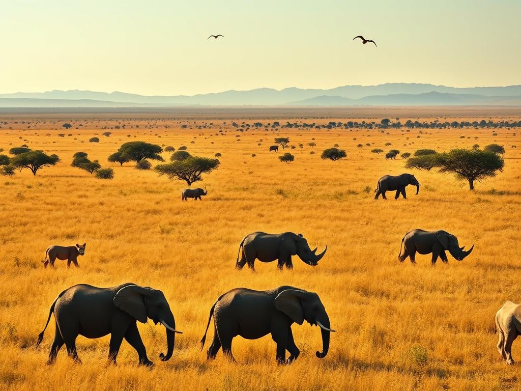 A vast, sun-drenched savanna stretches out before the viewer, dotted with clusters of acacia trees and distant mountains on the horizon. In the foreground, a majestic herd of elephants leisurely grazes, their massive forms casting long shadows across the golden grasslands. To the side, a pride of lions rests in the shade, their regal heads held high. In the middle ground, a rhinoceros slowly makes its way through the tall grass, its horn gleaming in the warm, diffused light. Overhead, a few graceful birds soar, completing the quintessential African safari scene. The atmosphere is one of tranquility and wonder, capturing the essence of an immersive wildlife experience in the heart of the continent.