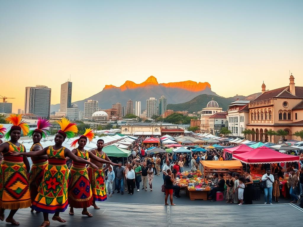 A vibrant panorama showcasing the diverse cultural highlights of South Africa. In the foreground, tribal dancers in colorful traditional costumes perform an energetic routine on a stage, their movements frozen in time by a fast shutter speed. Behind them, the iconic silhouette of Table Mountain looms in the distance, bathed in warm, golden-hour sunlight. In the middle ground, a bustling outdoor market filled with artisanal crafts, spices, and local produce creates a lively atmosphere. Towering skyscrapers and historic colonial architecture in the background blend the modern and the ancient, reflecting South Africa's dynamic cultural heritage. The scene is captured with a wide-angle lens, emphasizing the grand scale and grandeur of this visually stunning destination.
