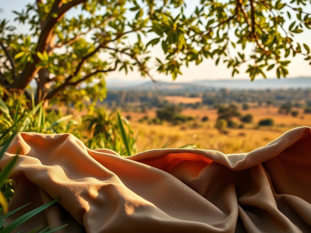 A vibrant safari setting with lush greenery and a warm, golden glow. In the foreground, a collection of safari clothing materials, including rugged cotton, durable khaki, and breathable linen. Textures are highlighted, with the light catching the subtle weaves and patterns. In the middle ground, an array of earthy, muted tones - olive, tan, and russet - blend seamlessly. The background features a panoramic vista of rolling hills and distant trees, evoking the vast expanses of the African wilderness. The overall mood is one of adventure, exploration, and a connection to the natural world. A vibrant safari setting with lush greenery and a warm, golden glow. In the foreground, a collection of safari clothing materials, including rugged cotton, durable khaki, and breathable linen. Textures are highlighted, with the light catching the subtle weaves and patterns. In the middle ground, an array of earthy, muted tones - olive, tan, and russet - blend seamlessly. The background features a panoramic vista of rolling hills and distant trees, evoking the vast expanses of the African wilderness. The overall mood is one of adventure, exploration, and a connection to the natural world.