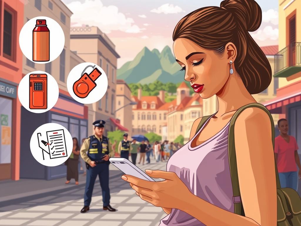 A well-lit, realistic illustration depicting safety tips for women traveling alone in South Africa. The foreground shows a woman reading from her smartphone, surrounded by icons representing various security measures - a pepper spray canister, a personal alarm, a map app, and a whistle. The middle ground features a city street scene with a police officer and helpful local residents, conveying a sense of security and community support. The background showcases the vibrant cultural landmarks of South Africa, such as Table Mountain and traditional architecture, to create an inviting atmosphere. The overall composition should evoke a feeling of empowerment, preparedness, and the ability to explore South Africa safely as a solo female traveler.