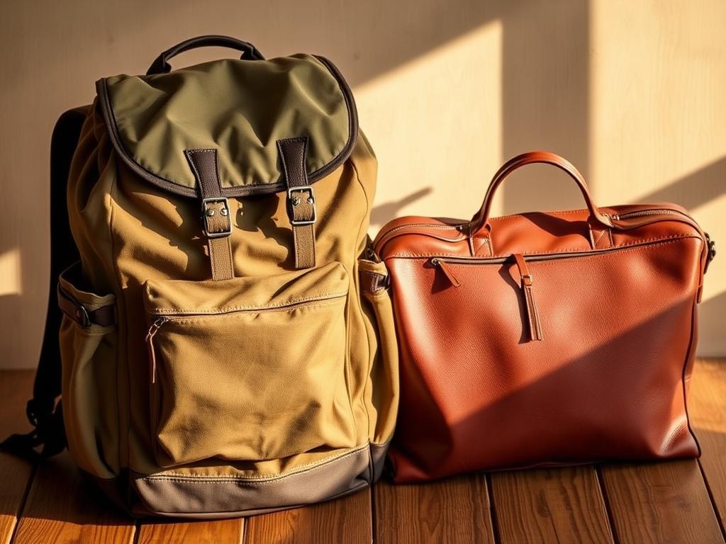 A well-organized backpack and a stylish travel bag sit side by side on a wooden surface, illuminated by warm, natural lighting. The backpack, rugged and practical, is made of durable canvas in earthy tones, with sturdy straps and pockets for efficient organization. The travel bag, a refined leather satchel in a rich, safari-inspired hue, exudes an air of adventure and sophistication. The contrast between the two luggage pieces symbolizes the balance between functionality and style, perfectly capturing the essence of practical packing tips for a safari trip. A well-organized backpack and a stylish travel bag sit side by side on a wooden surface, illuminated by warm, natural lighting. The backpack, rugged and practical, is made of durable canvas in earthy tones, with sturdy straps and pockets for efficient organization. The travel bag, a refined leather satchel in a rich, safari-inspired hue, exudes an air of adventure and sophistication. The contrast between the two luggage pieces symbolizes the balance between functionality and style, perfectly capturing the essence of practical packing tips for a safari trip.