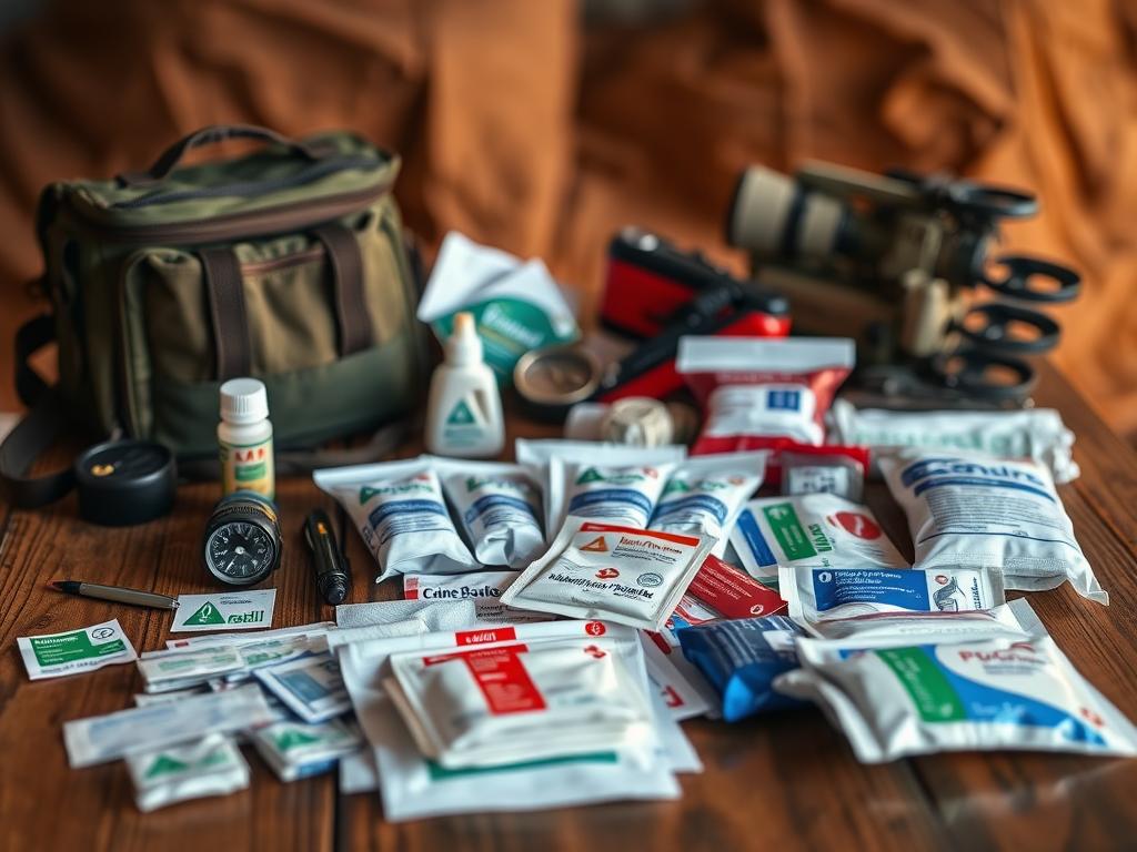 A well-organized safari travel medical kit and equipment on a wooden table, with a warm, natural lighting. The foreground displays a variety of medical supplies, such as bandages, antiseptic wipes, and pain relievers, neatly arranged. In the middle ground, camping gear like a compass, flashlight, and multi-tool are visible, hinting at the adventurous nature of the safari. The background features subtle earthy tones, evoking the savanna and wilderness setting. The overall mood is one of preparedness, practicality, and a sense of exploration, reflecting the needs and spirit of a safari expedition. A well-organized safari travel medical kit and equipment on a wooden table, with a warm, natural lighting. The foreground displays a variety of medical supplies, such as bandages, antiseptic wipes, and pain relievers, neatly arranged. In the middle ground, camping gear like a compass, flashlight, and multi-tool are visible, hinting at the adventurous nature of the safari. The background features subtle earthy tones, evoking the savanna and wilderness setting. The overall mood is one of preparedness, practicality, and a sense of exploration, reflecting the needs and spirit of a safari expedition.