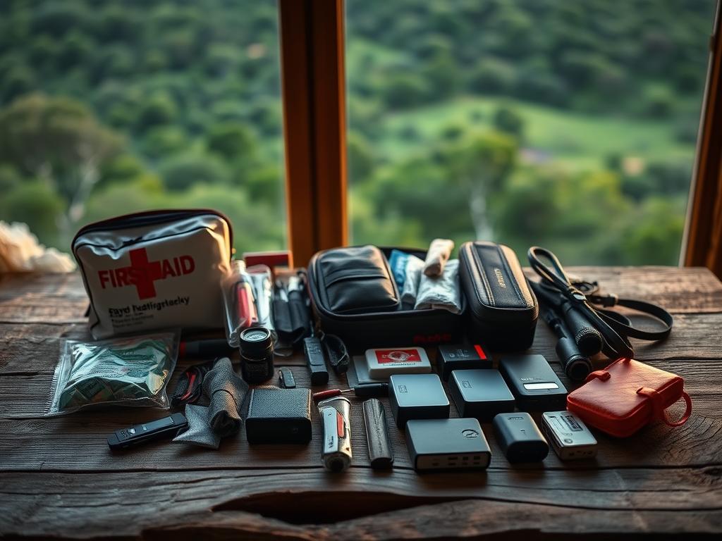 A well-stocked travel emergency kit laid out on a rough wooden table, with a backdrop of a lush, verdant South African landscape visible through a window. The kit contains essential items such as a first-aid kit, flashlight, multi-tool, portable charger, and other survival gear. The lighting is warm and natural, casting a soft glow over the scene. The composition is balanced, with the emergency kit as the focal point, and the natural setting providing a sense of context and tranquility. The overall mood conveys a sense of preparedness and resilience, reflecting the importance of being equipped for unexpected situations while traveling in South Africa.