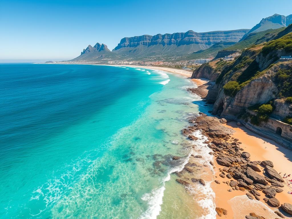 An aerial view of the stunning beaches of Cape Town, South Africa, with the iconic Table Mountain as the backdrop. The crystal-clear turquoise waters of the Atlantic Ocean gently lap against the golden, sun-kissed sands, framed by lush, verdant vegetation and rocky cliffs. Beachgoers dot the scene, enjoying the picturesque scenery and the warm, Mediterranean-like climate. A wide-angle lens captures the breathtaking panorama, showcasing the diverse and picturesque landscapes that make Cape Town's beaches truly remarkable. The image exudes a sense of tranquility, natural beauty, and the perfect balance between the rugged coastline and the serene, inviting waters.