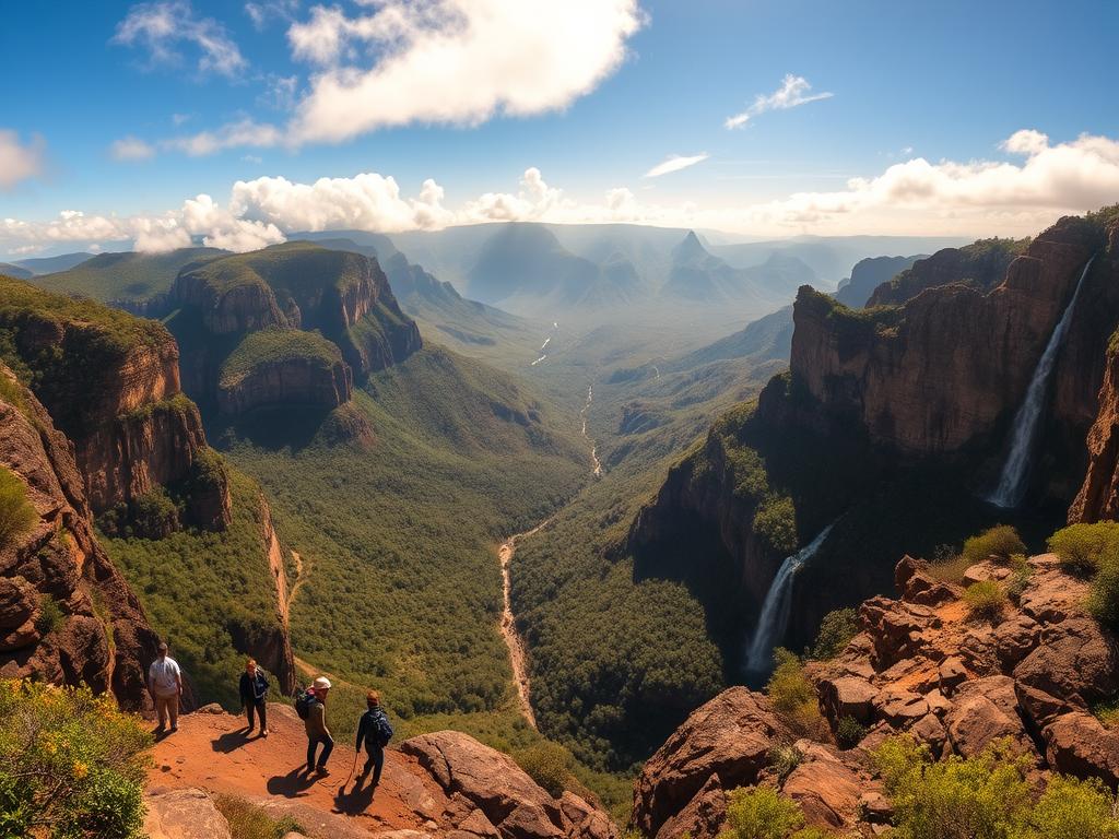 Awe-inspiring panoramic vista of the Panorama Route in South Africa's Mpumalanga province. A dramatic landscape of towering cliffs, lush forests, and cascading waterfalls. In the foreground, adventurous hikers and rock climbers explore the rugged terrain, their silhouettes dwarfed by the majestic scenery. Warm, golden sunlight filters through wispy clouds, illuminating the vibrant greens and warm earth tones. A sense of primal wonder and untamed wilderness pervades the scene, inviting the viewer to embark on an unforgettable journey of discovery along this captivating route. Awe-inspiring panoramic vista of the Panorama Route in South Africa's Mpumalanga province. A dramatic landscape of towering cliffs, lush forests, and cascading waterfalls. In the foreground, adventurous hikers and rock climbers explore the rugged terrain, their silhouettes dwarfed by the majestic scenery. Warm, golden sunlight filters through wispy clouds, illuminating the vibrant greens and warm earth tones. A sense of primal wonder and untamed wilderness pervades the scene, inviting the viewer to embark on an unforgettable journey of discovery along this captivating route.