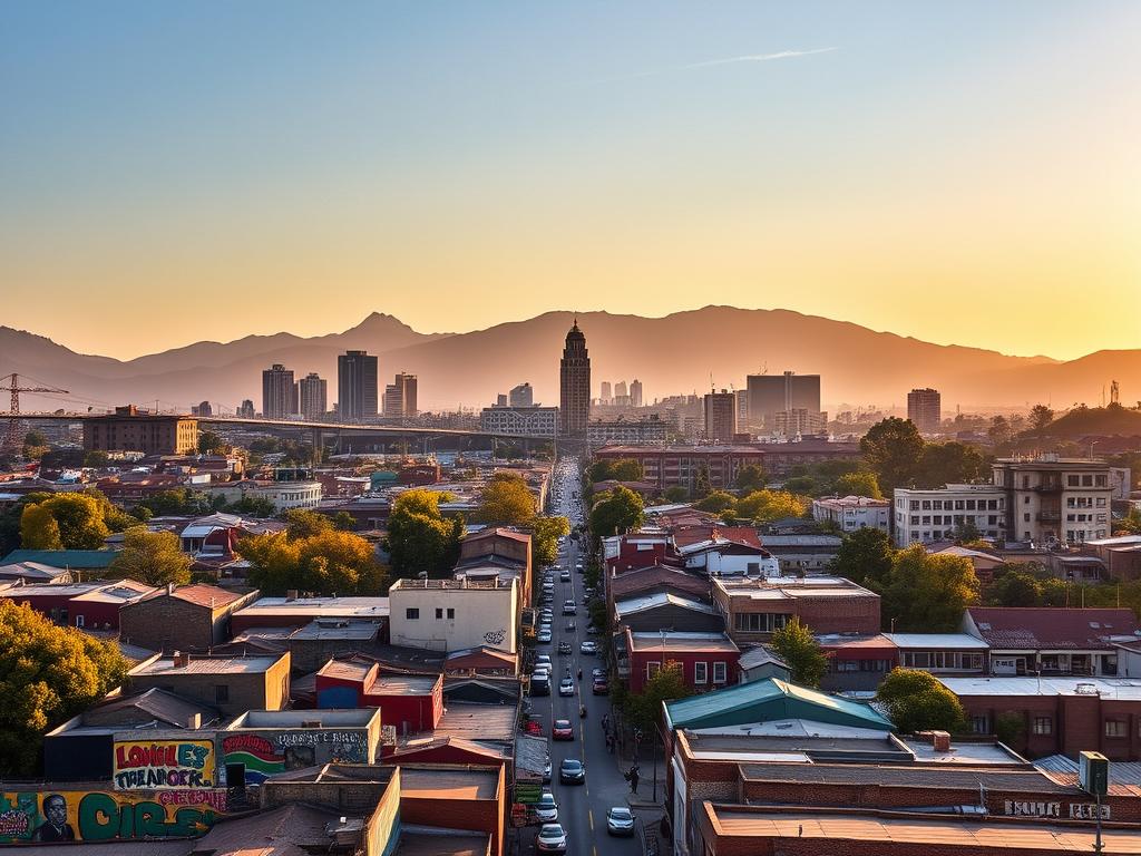 Johannesburg, a vibrant tapestry of culture and history, its iconic skyline framed by the majestic Magaliesberg mountains. In the foreground, the bustling streets of Soweto, a dynamic neighborhood showcasing the resilience and creativity of its people. Colorful murals adorn the walls, telling stories of struggle and triumph. In the middle ground, the iconic Constitution Hill, its imposing architecture a testament to the nation's journey towards democracy. The warm, golden light of the afternoon sun casts a serene glow, illuminating the diverse array of art galleries, museums, and performance venues that dot the landscape. This is Johannesburg, a city that celebrates its cultural heritage and invites the world to explore its rich tapestry of experiences.